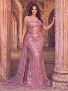 Haute Glamour Plus Luxury One Shoulder Layered Tulle Beaded Evening Gown Formal Dress - Dusty Pink - View 6