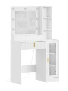 SoBuy | Dressing Table With LED Mirror And Drawer | Vanity Desk With Glass-Door Cabinet | Makeup Station For Bedroom | 85*40*140 Cm | Load Capacity 62 Kg - White - View 2