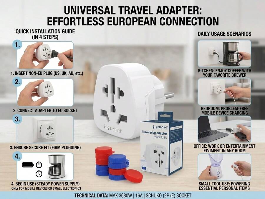 Avant Gembird Universal Travel Adapter To European Schuko Plug | International Plug To EU Outlet Converter | Compact Portable Adapter For Home And Office, White - EU F Type Plug(220-240V) - View 1
