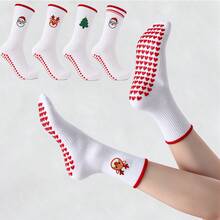 1/3 Pairs Christmas Anti-Slip Cotton Socks, Santa Claus Reindeer Christmas Tree Embroidered Socks, Suitable For Home, Yoga, Gift Giving - Red - View 2
