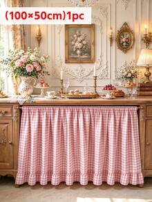1pc Pink & White Plaid Table Skirt With Romantic Ruffle Edge, Sideboard, Entryway Cabinet, Sink, Kitchen Storage Cover, Suitable For Dining Room, Living Room, Hotel, Cafe, Wedding, Party, Picnic, Holiday, Annual Meeting, Celebration, Daily Use - Pink - View 14