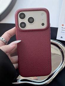 Luxury Solid Color Litchi Leather Texture TPU Soft Phone Case, Suitable Compatible With Iphone 18 17 16 15 14 13 12 Pro Max 16 15 14 Plus 11, Shockproof Back Cover Protective Shell - Cherry Red - View 3