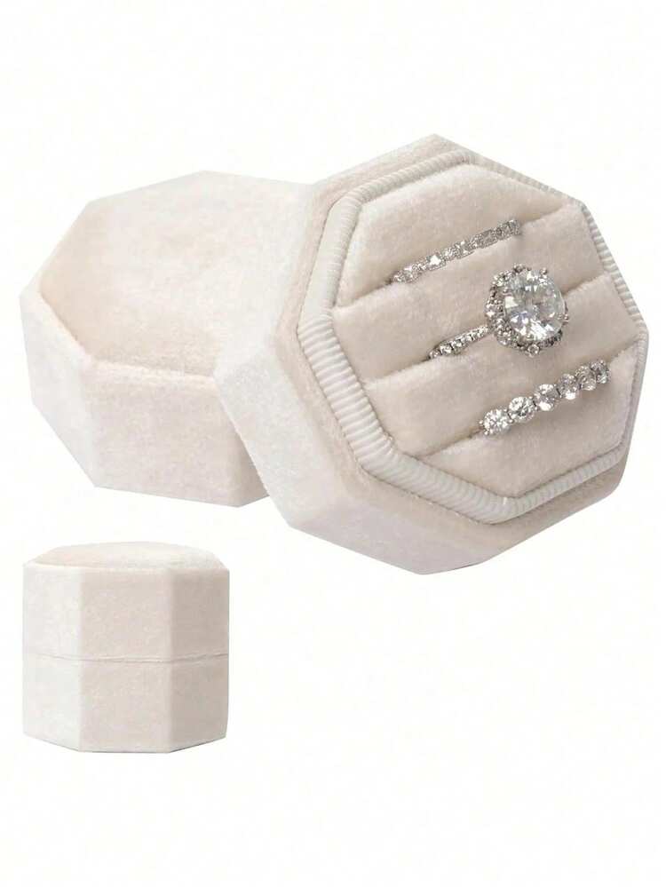 2/1pc Velvet Ring Box, Octagonal 3-Slot Ring Box, Suitable For Wedding Ceremony, Can Hold Multiple Rings, White Engagement Wedding Commemorative Box, Wedding Ring Storage Box, Engagement Ring Organizer Box - Octagonal Ring Box - View 1