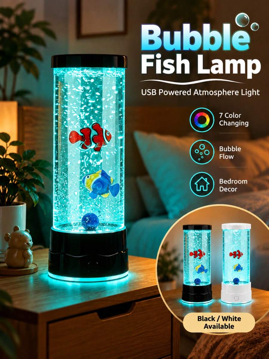 LED Aquarium Bubble Tube Light, USB-Powered Bubble Fish Lamp, Sensory Mood Night Light For Bedroom/Living Room/Party Decor Ideal For Aquatic Enthusiasts Simulation Fish Bubble Atmosphere Lamp - Multicolor - View 1