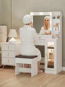 SoBuy | طاولة تزيين مع مرآة LED ودرج | مكتب تجميل مع خزانة باب زجاجي | محطة مكياج لغرفة النوم | 85*40*140 سم | سعة التحميل 62 كجم - أبيض - مشاهدة 9