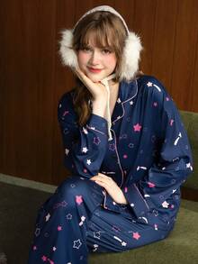 Gongdie 2 Pieces Women's Pajama Set,Fall Winter Blue Soft Star Prin Loungewear With Pink Contrast Piping And Pockets - Blue - View 2