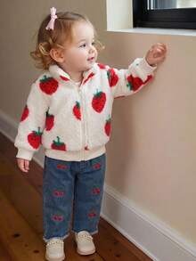 Baby Girl Autumn/Winter Sweet Fruit Outfit 2pcs Set, Soft Plush Strawberry Print Stand Collar Zip-Up Jacket + Cherry Embroidered Frayed Hem Wide Leg Denim Pants, Cute Fruit Style Set - Apricot - View 2