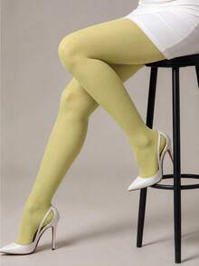 1 Pair Women's Pale Yellow Opaque Tights, Soft Elastic Solid Color Pantyhose, Suitable For Daily, Gothic And Y2K Outfits - Yellow - View 1