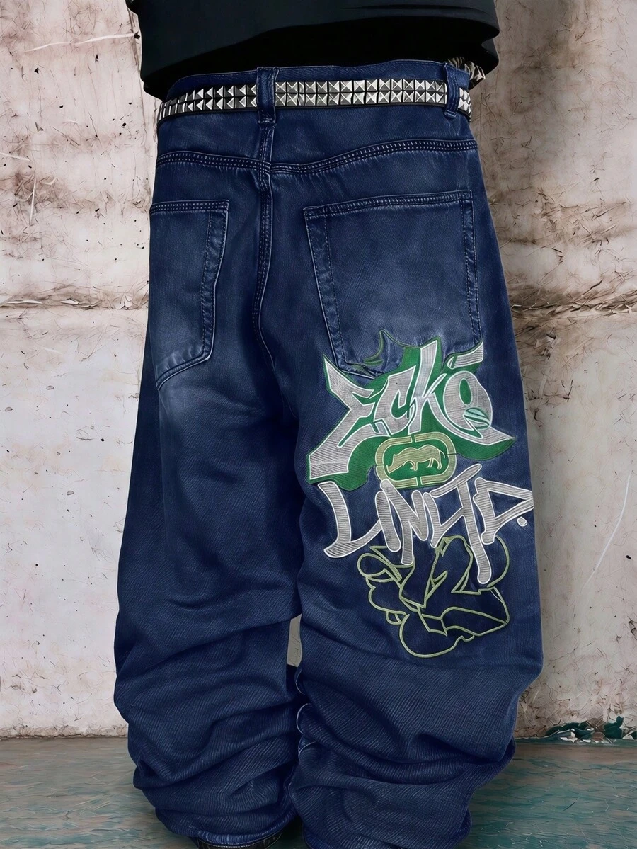 Skyrend Grunge Goth Y2K 風男士休閒刺繡寬版牛仔褲，百搭四季，時尚街頭個性化，舞台表演