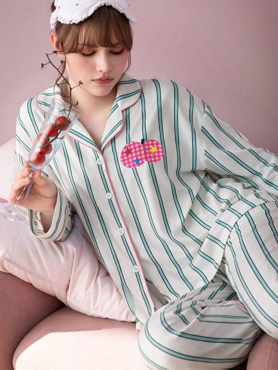 Gongdie 2 Pieces Women's Pajama Set,Fall Winter Soft Green Striped Loungewear With Pink Contrast Piping And Pockets - Mint Green - View 1