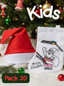 Roly 20-Pack Christmas Gift For Kids - 10 Coloring Socks With Paints, 10 Santa Hats - Crayons Included, Hanging String - ابيض واحمر - مشاهدة 8