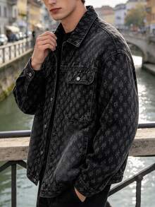 Men's Printed Denim Jacket, Loose Oversized Textured Collar Denim Coat - Black - View 7