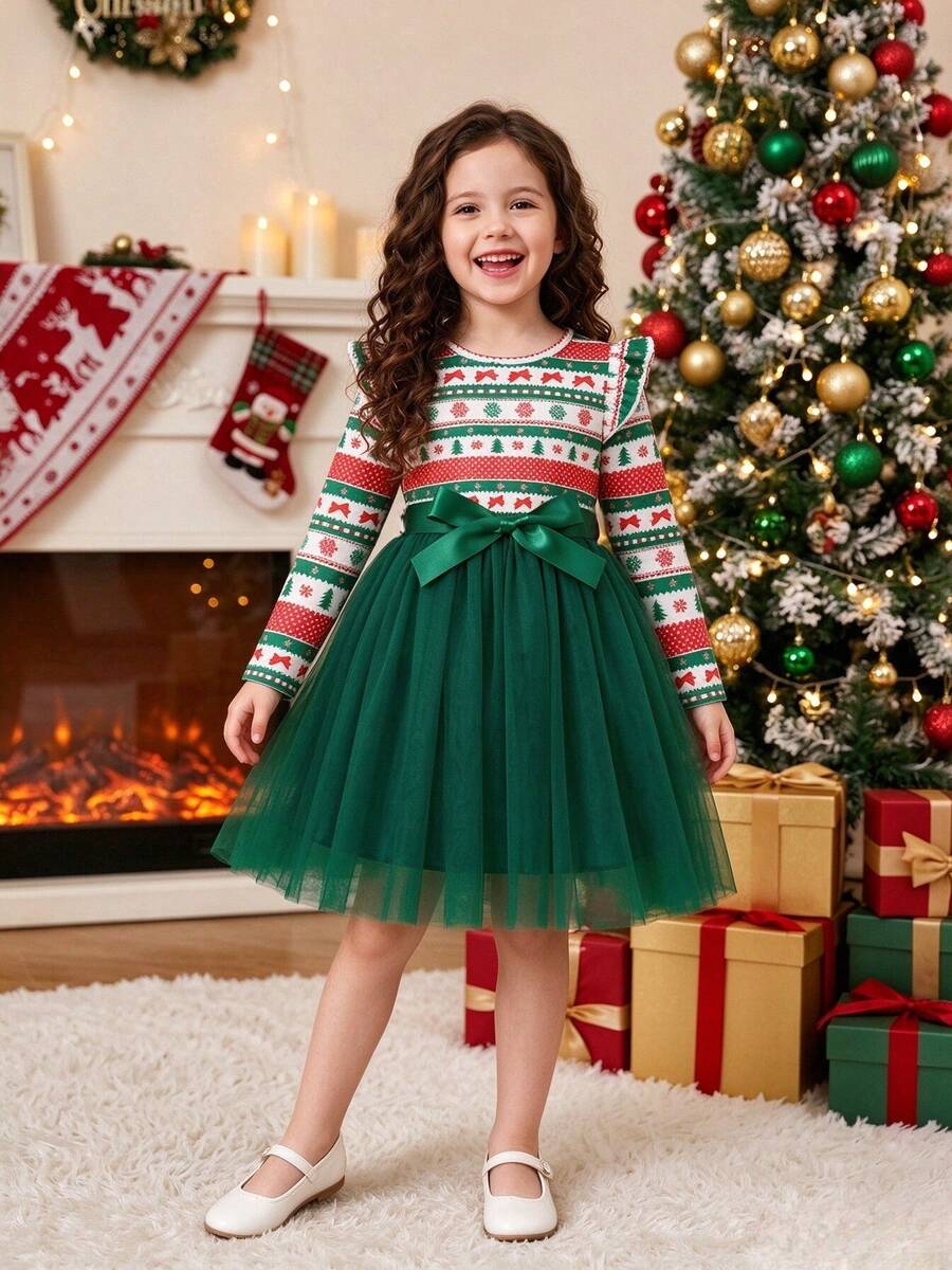 Young Girls Autumn/Winter Christmas Holiday Cute Element Print Contrast Mesh Dress - Multicolor - View 1