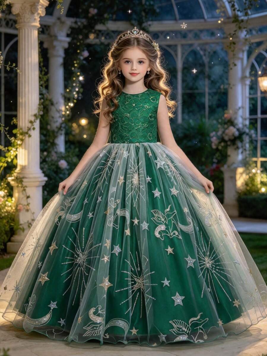 Girls' Embroidered Long Princess Dress, Formal Dress For Wedding, Birthday Party, Christmas, Holiday Gathering, School Dance, Piano Performance - Green - View 1