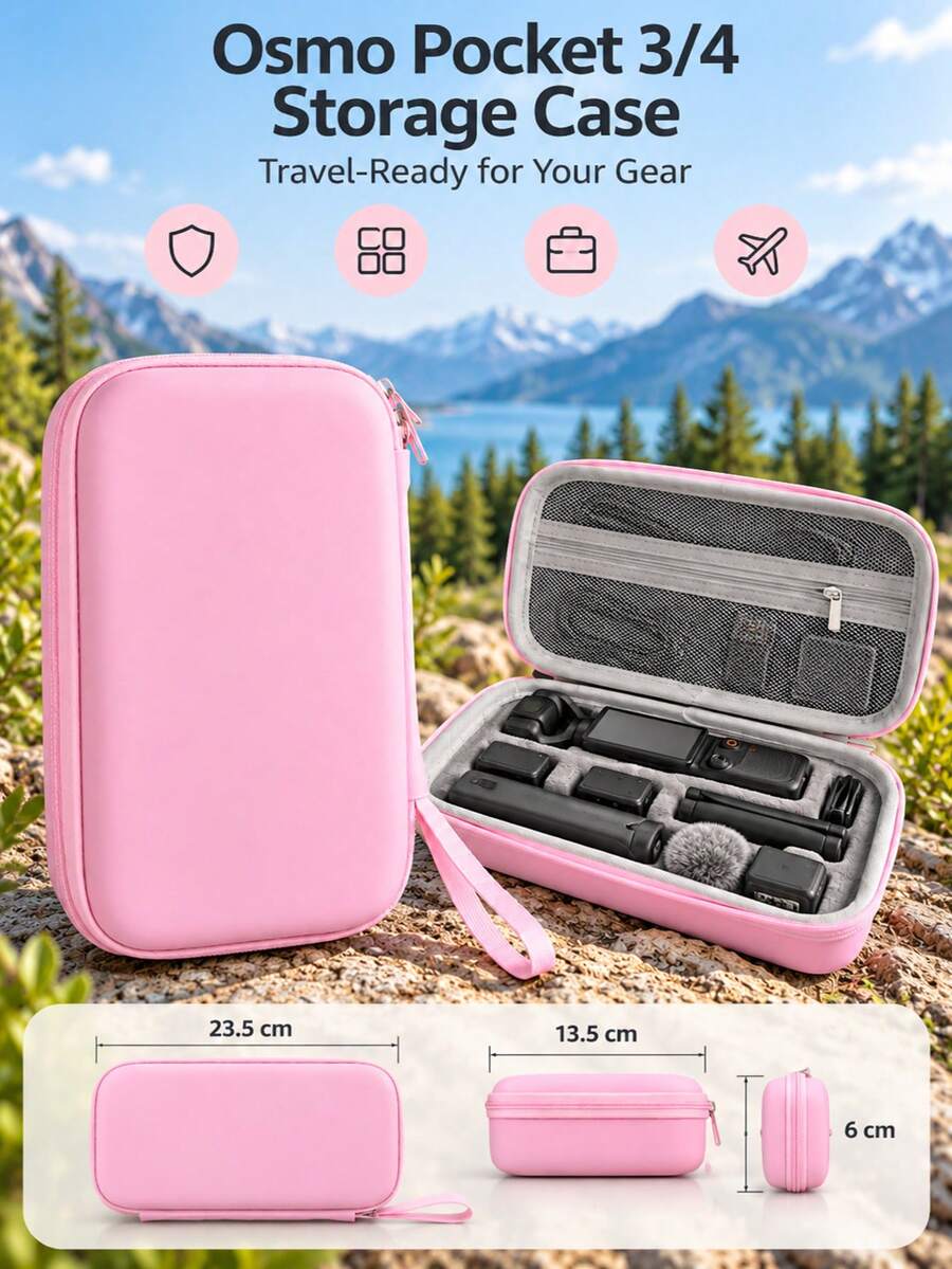 Osmo Pocket 3/4 Portable Storage Bag, Pink Hard Shell Vlogging Storage Bag With Wrist Strap And Carabiner, Waterproof Surface Travel Accessory Set
