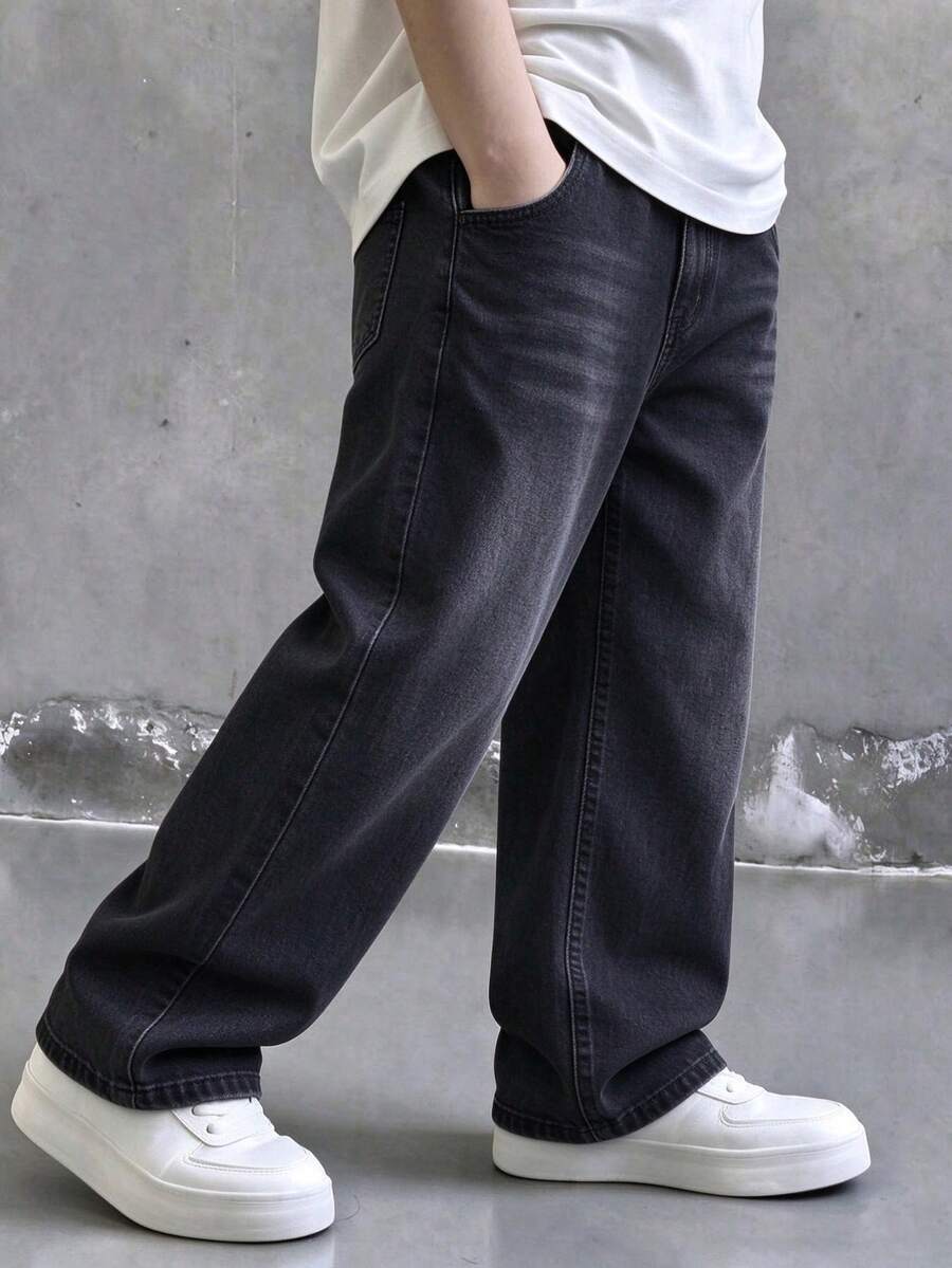 Boys Casual Pocket Simple Elastic Waist Straight Leg Loose Fit Denim Jeans, Everyday Casual - Black - View 1