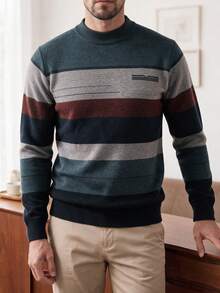 Jersey de cuello redondo con rayas y contraste de color para hombre, para el invierno, otoño, de manga larga - Verde - Ver 4