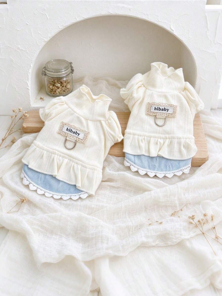 Ruffled Ribbed Pet Outfit, Puff Sleeve High Neck Top With Denim Skirt, Lace Hibaby Label And D-Ring Buckle Pet Clothes, Suitable For Small Dogs And Cats, Autumn Daily Walks And Sweet Style Photo Shoots - Multicolor - View 1