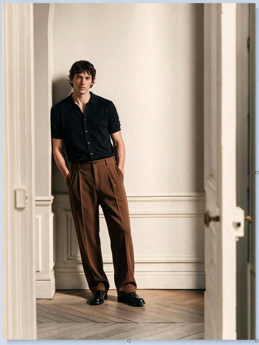 Men's Retro Money Pattern Casual Business Trousers - Coffee Brown - View 1