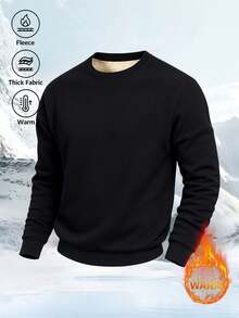Men's Fleece Lined Thick Solid Color Pullover Sweatshirt, Simple Versatile Casual Warm Long Sleeve Top, Autumn/Winter - Black - View 1