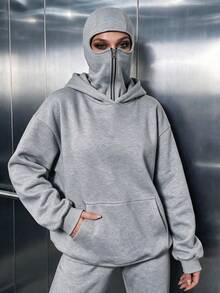 Women's Casual Fleece Balaclava Sweatshirt With Double Hood, Zipper Pockets, Loose Fit, Face-Covering, Autumn/Winter Everyday Wear - Flower Gray - View 6