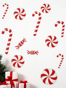 10pcs/Sheet Christmas Candy Decorative Wall Stickers, Window Decals, Red And White Candy Cane Peppermint Pattern PVC Wall Stickers, Self-Adhesive Removable Waterproof Decorative Stickers, Suitable For Living Room, Bedroom, Home Decor, Holiday Atmosphere Decoration Candy Stickers - Multicolor - View 5