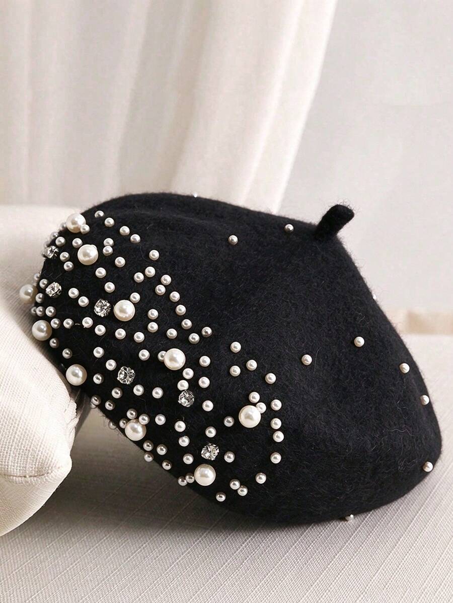 1pc Unisex Black Beret Hat With Y2k Style Pearl Rhinestone Decor, Perfect For Outdoor, Casual And Winter Daily Wear Halloween,Holiday,Festival - Black - View 1