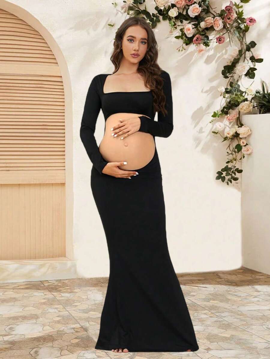 孕婦修身露背長袖鏤空方領黑色長洋裝,適合攝影、寶寶迎新派對 - 黑色 - 查看 1