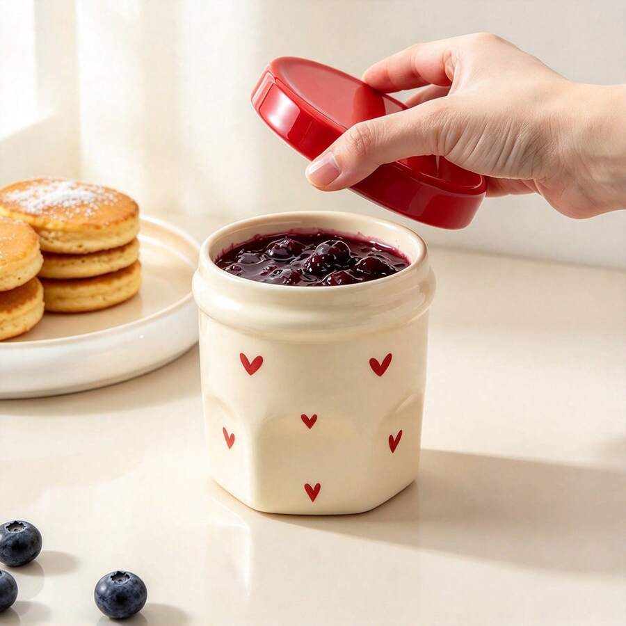 1pc 330ml/11oz Cute Heart Pattern Ceramic Food Storage Jar With Lid, Wide Mouth Jam Jar Salad Jar Overnight Oats Container With Lid, Suitable For Snacks Yogurt Candy Jam Jelly Fruit Jam, Perfect For Home Office Picnic Party - Multicolor - View 1