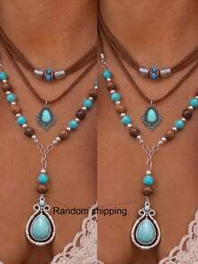 Western Style Turquoise Jewelry Set, Vintage Silver Water Drop Necklace Earrings Beaded Bracelet, Autumn/Winter Layered Accessories - Multicolor - View 3