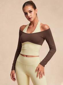VVX Women Halter Long Sleeve Colorblock Yoga Top Gym Workout Pilates Autumn Winter Athleisure Squishy Going Out Tops - Brown With Yellow Interior - View 1