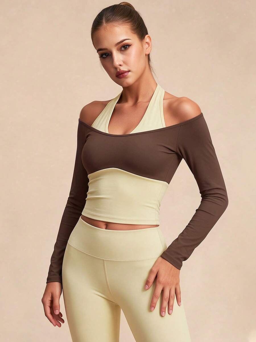 VVX Women Halter Long Sleeve Colorblock Yoga Top Gym Workout Pilates Autumn Winter Athleisure Squishy Going Out Tops - Brown With Yellow Interior - View 1
