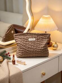 1pc Minimalist Textured Fabric Makeup Pouch, Wavy Embossed Portable Cosmetic Storage Bag, Neutral Tone Toiletry Organizer, Christmas Gift, Christmas Party Supplies For Travel & Home Use - Multicolor - View 6