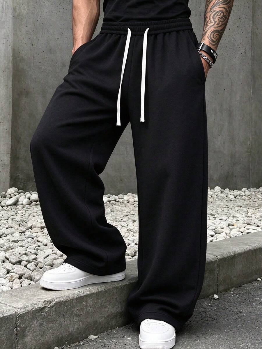 Men's Loose Fashion Sports Long Pants, Minimalist Solid Color Wide Leg Casual Fit, Waist Drawstring Design, Large Pockets, Suitable For Daily Walking, Work, Travel And Other Occasions. Casual Long Pants, Perfect For Streetwear And Outdoor Activities - Black - View 1