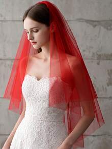 1pc Red Soft Tulle Short Bridal Veil With Hair Comb, Suitable For Photos, Bachelorette Party And Valentine's Day Themed Headpiece - Red - View 3