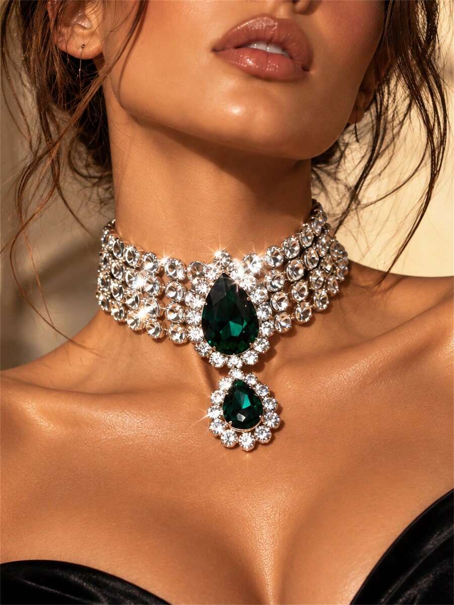 1pc Sexy White Teardrop Pendant Necklace, Evening Party Fashion Jewelry Bling Full Rhinestone Crystal Fashion Necklace - Green - View 1
