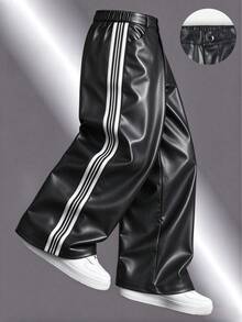 Men's Autumn/Winter Wide Leg Pants With Side Stripes, Black PU Long Pants, Loose Leather Pants - Black - View 1