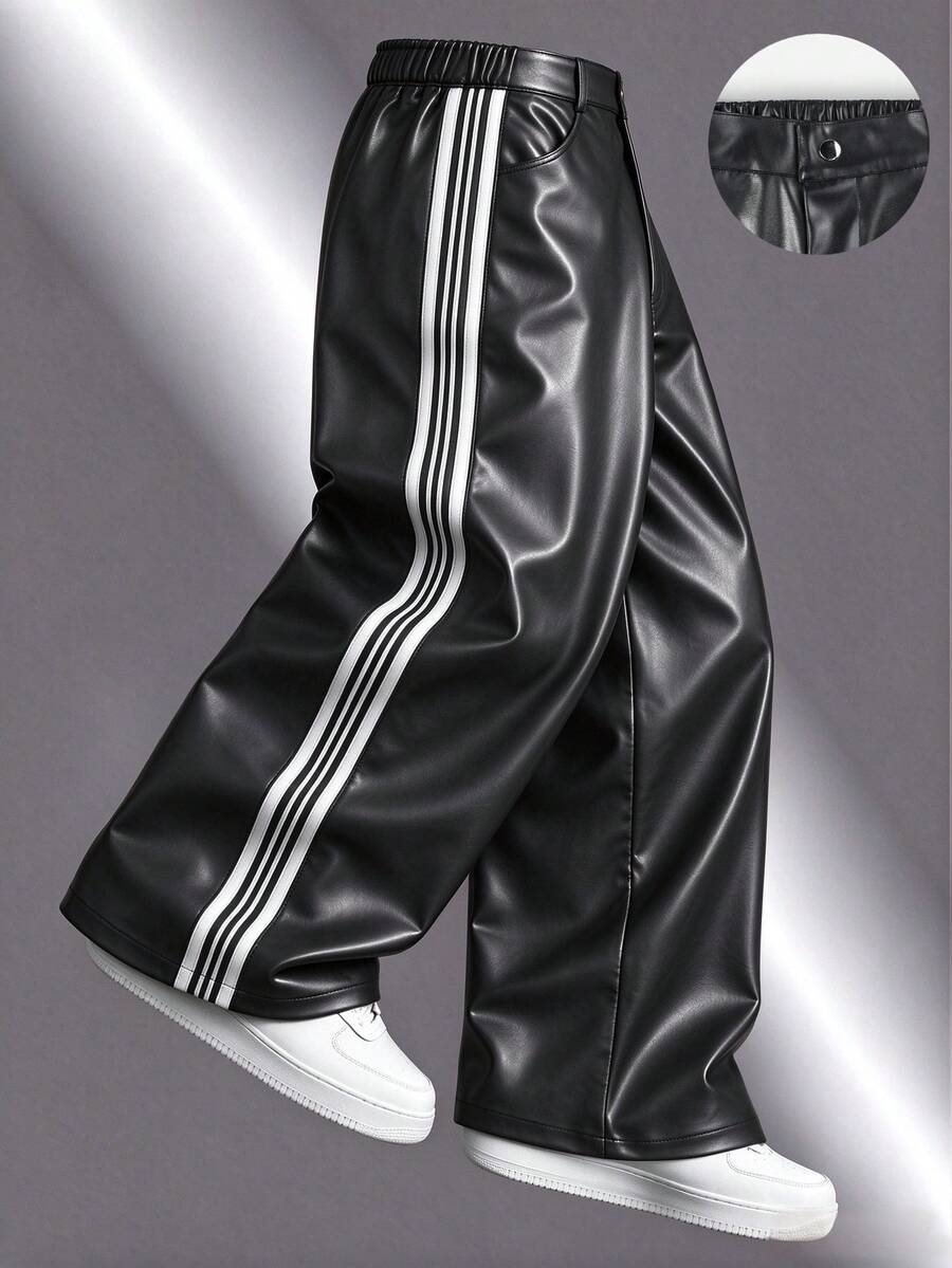 Men's Autumn/Winter Wide Leg Pants With Side Stripes, Black PU Long Pants, Loose Leather Pants - Black - View 1