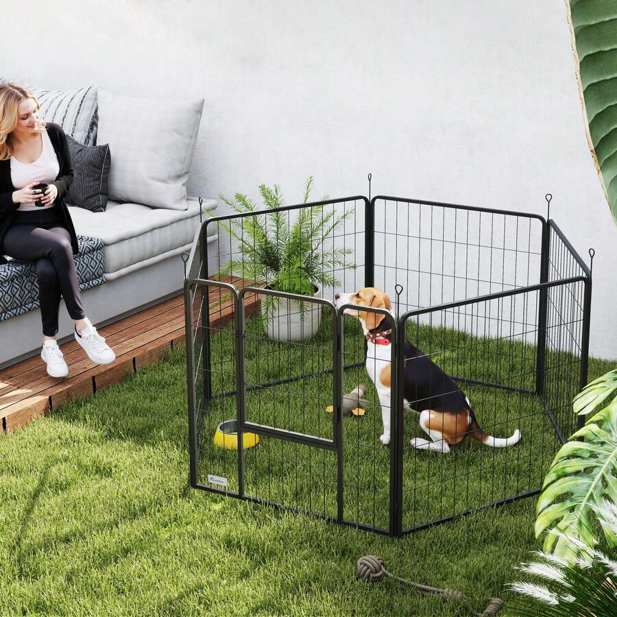 Parc Pour Chien, Enclos Chien 6 Panneaux Modulable Et Pliable, Portable En Acier Avec Porte 80 X 80 Gris - A - View 1