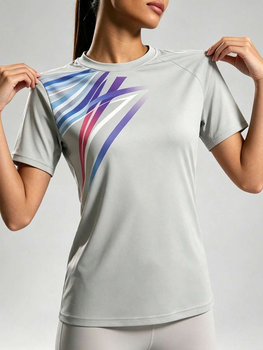 mulinsen 1pc Women's Quick Dry T-Shirt, Elastic Breathable Short Sleeve Sportswear, Suitable For Women's Fitness Training In Summer - Grey - View 1