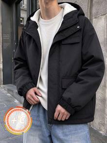 1pc Tween Boy Teen Winter Casual Thermal Lined Thick Zip-Up Hooded Jacket - Black - View 6