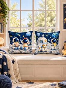 1pc/4pcs Astronaut Print Pillow Case, Suitable For Living Room Sofa Bedroom Daily Home Decor, Applicable For Daily Home Decor Throw Pillows, Pillow Insert Not Included - Multi-color a - View 6