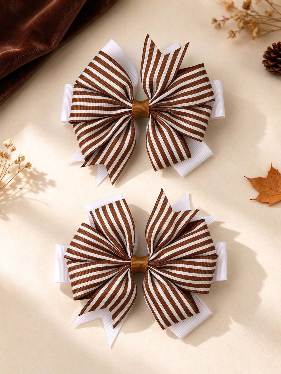 2pcs Brown Plaid Fabric Bow Hair Clips, Swallowtail Bow Hair Clips, Girls Children Daily Autumn Winter Party Gift Hair Accessories - Brown - View 1