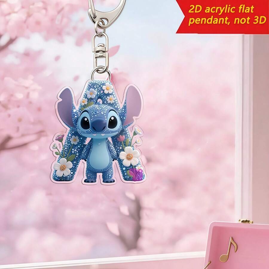 Disney Stitch Letter Embroidered Keychain, 26 'A-Z' Floral Cartoon Pattern Keychains, Suitable For Bags, Keys And Car Keys, Travel Accessories Gift, Cute Floral Keychain Design, Smooth Surface, Keychain, Decorative Keychain, Cartoon Keychain, Christmas Gift, Fan Gift, Holiday Gift, Home Decor, Halloween Gift, Pink Keychain, Fan Gift, Christmas Gift - Multicolor - View 1