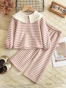 2pcs/Set Young Girls Striped Sailor Collar Long Sleeve Loose Pants Suit, Spring & Autumn - Pink - View 1