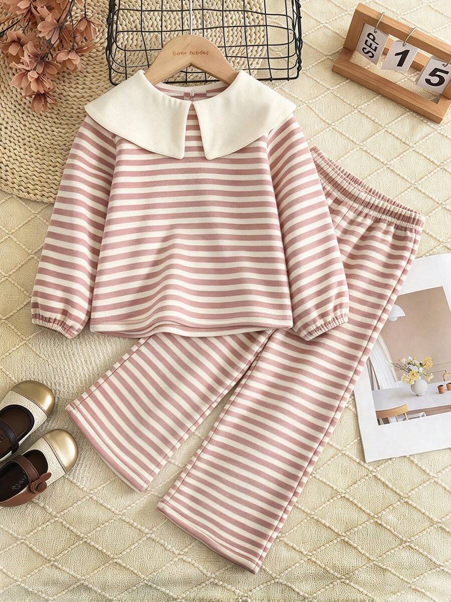 2pcs/Set Young Girls Striped Sailor Collar Long Sleeve Loose Pants Suit, Spring & Autumn - Pink - View 1