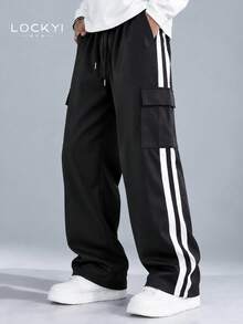 Men's Side Stripe Cargo Wide Leg Sweatpants With Drawstring Elastic Waist, Multi-Pocket Woven Casual Long Pants - Black - View 6