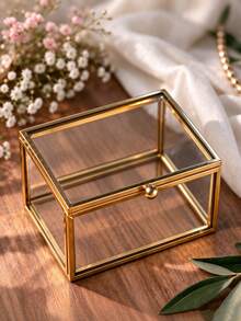 Personalized Glass Jewelry Box, Customized Name & Date Gold Rim Glass Jewelry Storage Box, Personalized Wedding Ring Box, Vintage Rectangular Transparent Glass Jewelry Keepsake Box With Lid, Ring Earring Necklace Storage Box, Wedding Gift, Vanity Decor - Multicolor - View 11