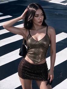 Sequin Embellished Mini Skirt, Versatile Party Wear - Coffee Brown - View 1