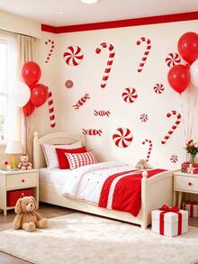 10pcs/Sheet Christmas Candy Decorative Wall Stickers, Window Decals, Red And White Candy Cane Peppermint Pattern PVC Wall Stickers, Self-Adhesive Removable Waterproof Decorative Stickers, Suitable For Living Room, Bedroom, Home Decor, Holiday Atmosphere Decoration Candy Stickers - Multicolor - View 4